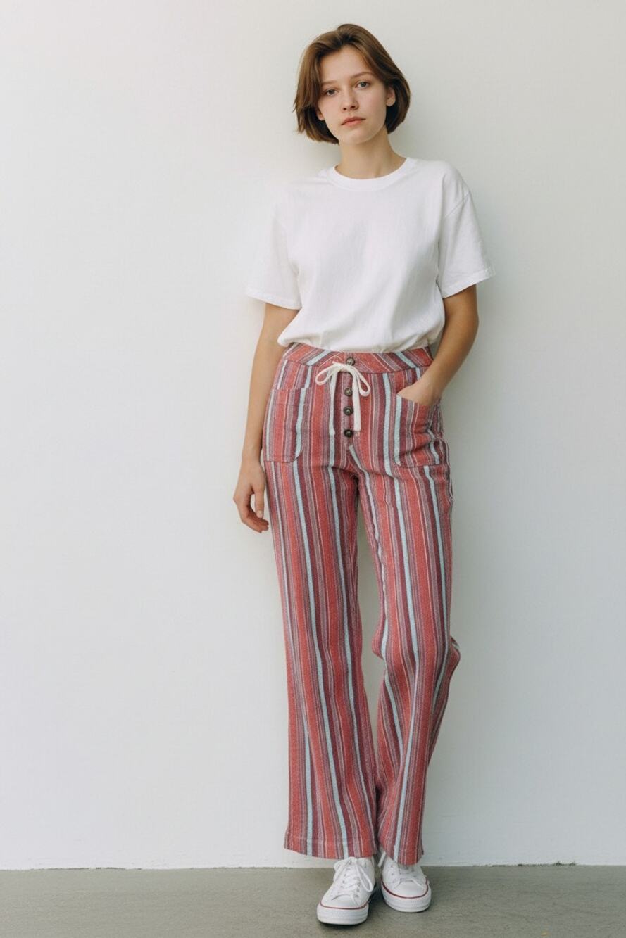 M Sundance Gigi Striped Cotton Pants Petite 27" inseam Drawstring Wide Leg